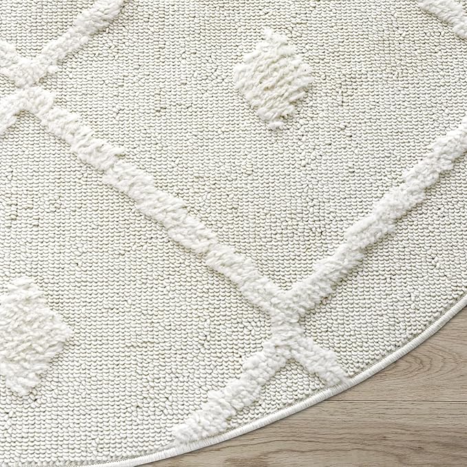 Antep Rugs Palafito 5x5 Geometric Shag Diamond High-Low Pile Textured Indoor Area Rug (White, 5'3" Round)