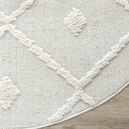 Antep Rugs Palafito 5x5 Geometric Shag Diamond High-Low Pile Textured Indoor Area Rug (White, 5'3" Round)