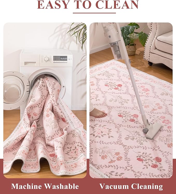 YIHOUSE 8x10 Washable Rug for Living Room, Pink Floral Rugs for Bedroom Boho Area Rug Non Slip Ultra-Thin Large Rug for Kids Playroom, Classroom, Girls Dorm, Nursery, Pink Multi