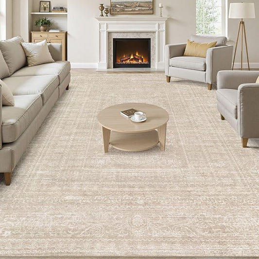 10x12 Area Rug Living Room: Washable Large Vintage Beige Rugs Neutral Non-Slip Soft Stain Resistant Indoor Carpet for Bedroom Nursery Dining Room Under Table Bed Home House Office Playroom