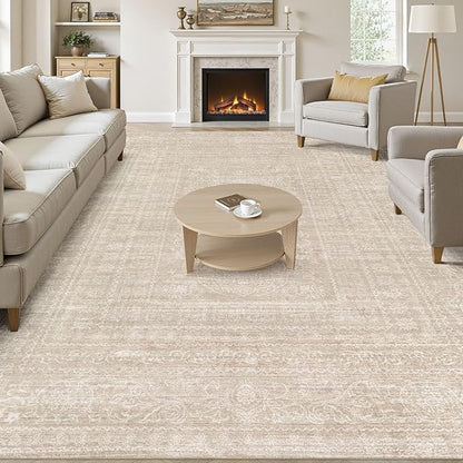 10x14 Area Rugs Living Room: Washable Large Vintage Beige Rug Neutral Non-Slip Soft Stain Resistant Indoor Carpet for Bedroom Nursery Dining Room Under Table Bed Home House Office Playroom