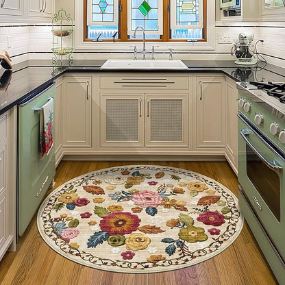 4ft Round Machine Washable Area Rug for Living Room, Beige Vintage Boho Floral Rug Large Non-Slip Low Pile Soft Faux Wool Carpet, Kids and Pets Friendly for Bedroom Nursery Farmhouse Home Decor Rug