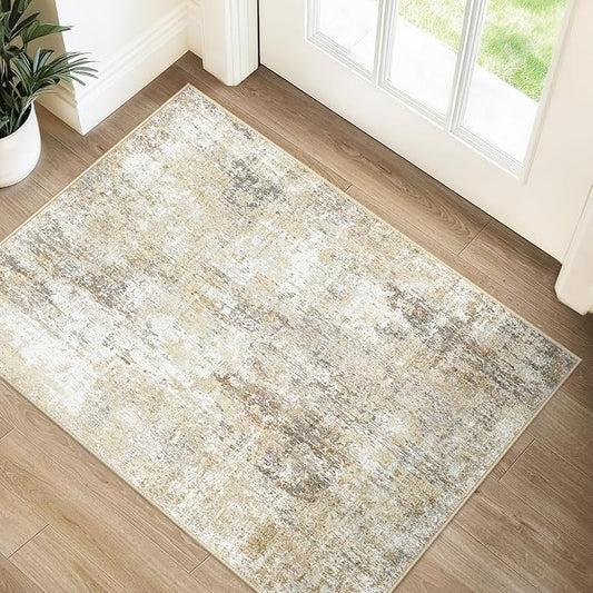 Washable Area Rugs 2'x3' Non-Slip Modern Abstract Soft for Living Room Entryway Bedroom Nursery, Print Pattern, Neutral Brown Gray
