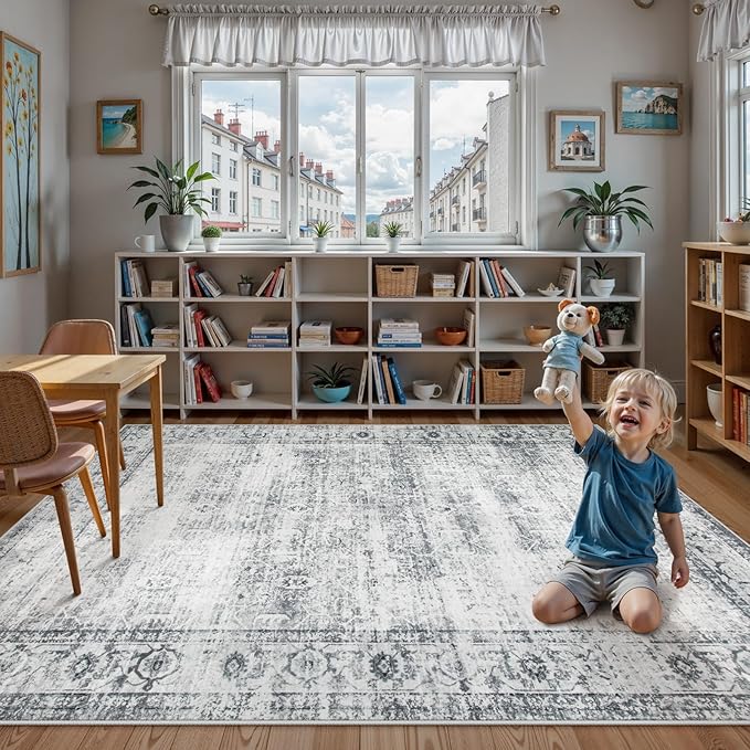 Lahome Vintage 8x10 Washable Grey Rugs for Living Room Bedroom, Boho Dining Room Rugs for Under Table, Soft Non Slip Indoor Throw Carpet for Home Office Playroom (8x10ft,Grey)