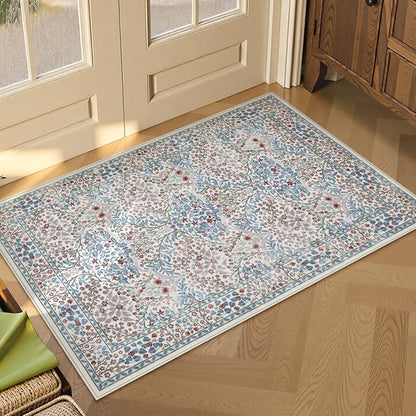Lahome Floral Washable Rugs for Entryway, 2x3 Kitchen Rugs Non Slip Boho Soft Door Mat Indoor Entrance, Ultra-Thin Easy Clean Forest Design Small Throw Carpet for Bedroom Bathroom, Beige/Blue
