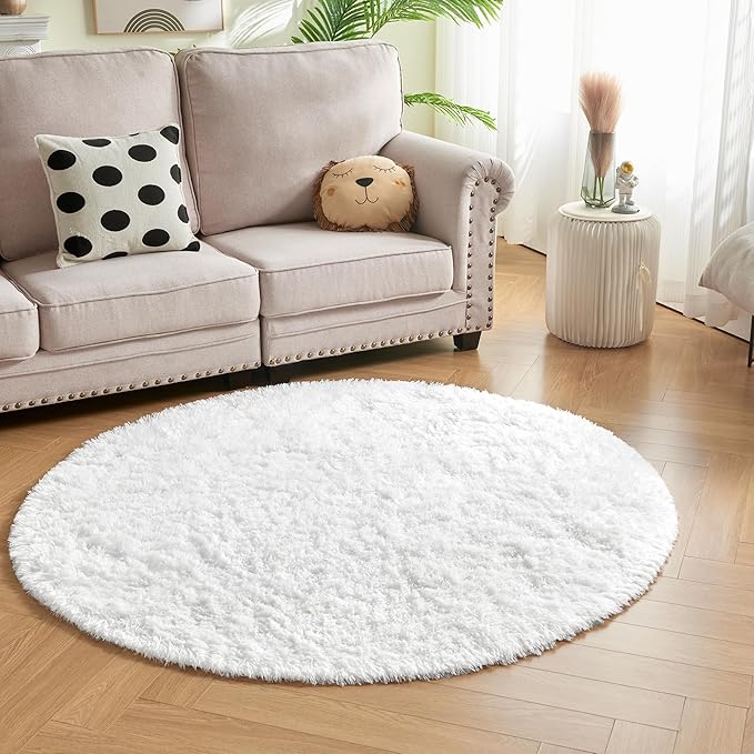 Andency White Round Area Rug for Bedroom, Soft Shag Circle Rug 6x6 for Room, Fluffy Faux Fur Carpet for Home Decor, Circular Fuzzy Plush Rug for Living Room, Playroom
