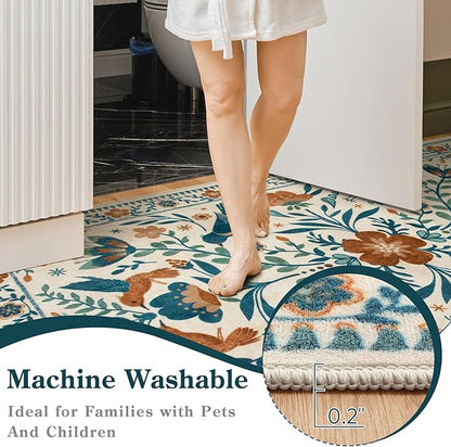 Moynesa 3x5 Entryway Rug Indoor, Modern Bohemian Washable Non-Slip Low Pile Area Rug for Kitchen Bedroom Entry,Lightweight Foldable Farmhouse Floral Bird Print Pattern Carpet Retro Home Decor