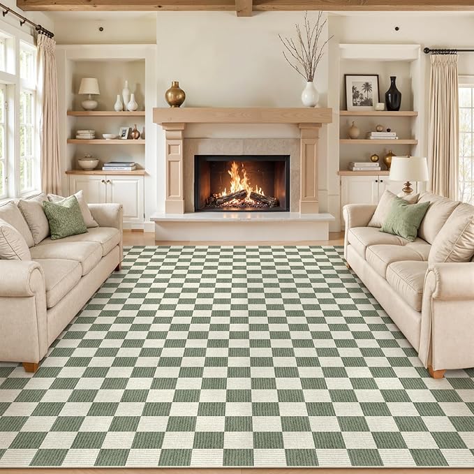 LIVEBOX 10x14 Area Rugs for Living Room, Checkered Non-Slip Washable Rugs, Farmhouse Neutral Classic Geometric Pattern Large Boys Area Rug for Bedroom, Carpet for Dining Room Office (Green,10'x14')