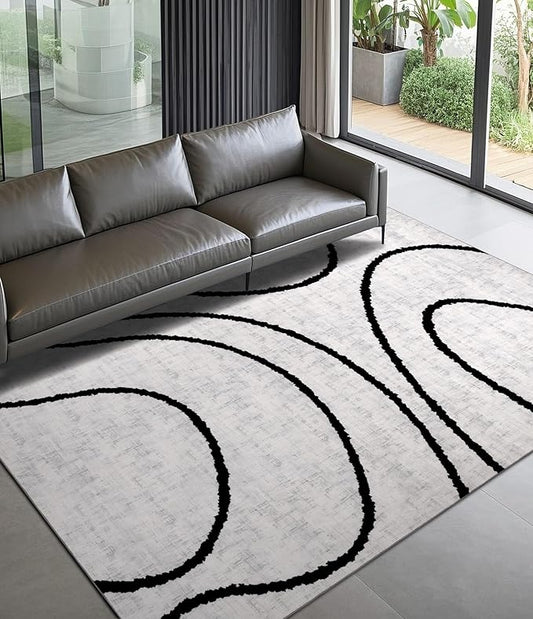 YIHOUSE Modern Area Rugs for Bedroom,5x7 Washable Black and White Rug, Thin Abstract Geometric Minimalist Striped Rug, Black Rugs for Bedroom,Kitchen,Dining Room Office