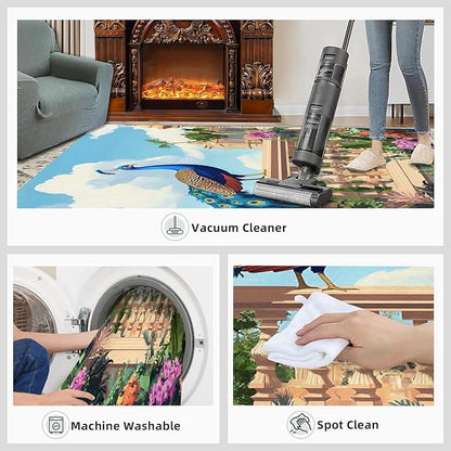 Peacock Rugs for Living Room - 3x5 Rug, Tropical Palm Leaves Area Rugs for Bedroom, Peacock Decor Rug, Floral Animal Washable Carpet, Peafowl Carpet - Peafowl Home Decor & Gifts