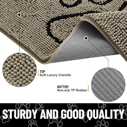 Smiry Dog Door Mat for Muddy Paws, Absorbent Dirt Trapper Non Slip Quick Dry Washable Chenille Mat for Mud Dogs, Entry Rug for Indoor and Outdoor (30x20 Inches, Warm Taupe and Black)