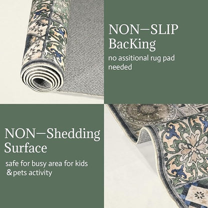 Washable Entryway Rug 3'x5 Non-Slip Backing Vintage Indoor Rug Low Pile Lighrweight Carpet for High-Traffic Indoor Entrance & Kitchen