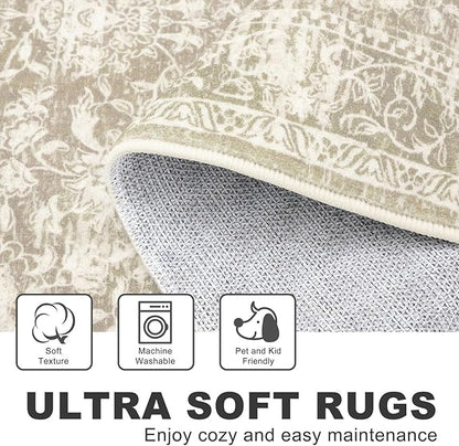 KILOCOCO Hallway Runner 3x8 Rug Runner Printed Vintage Floral Washable Kitchen Runners Non-Slip Rubber Backed Runners for Hallways Laundry Room Distressed Boho Rugs for Entryway Bedroom, Beige