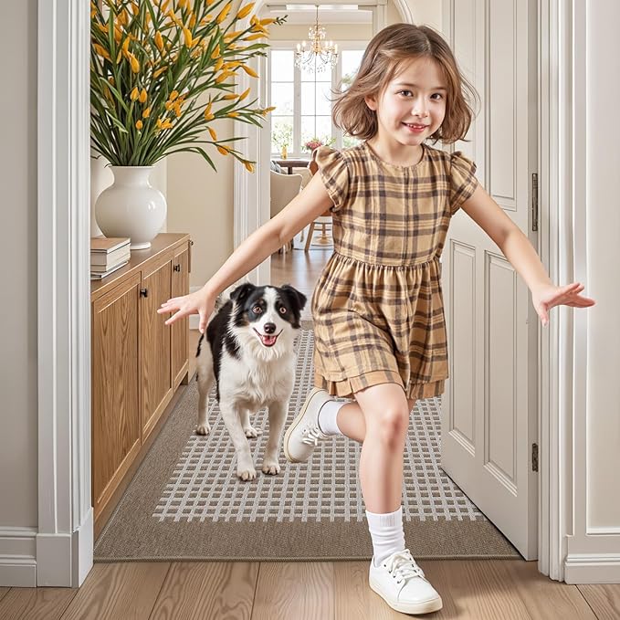 LUMI Inside Door Mat for Entry 30''x48'', Absorbent, Dirt Trapper, Low Profile Thin, Non Slip Mats with Rubber Backing, Ideal for Indoor, High Traffic, Garage, Entrance, Checkered Beige