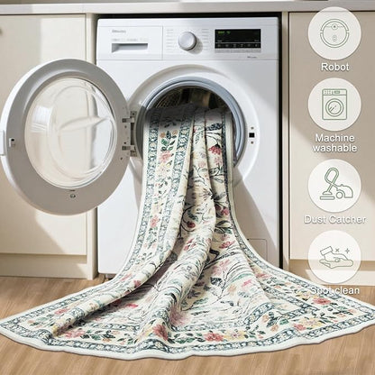 Area Rug Living Room Rugs: Floral 5x7 Washable Rug Vintage Soft Boho Non-Slip Carpet Indoor Stain Resistant Large Carpets for Bedroom Dining Room Farmhouse Nursery Hallway Home Office Green Beige