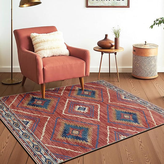 Area Rug 3x5 Rug Machine Washable Non-Slip Low Pile Print Pattern Western Rug for Living Room Bedroom Entryway Tribal Series -Red/Orange