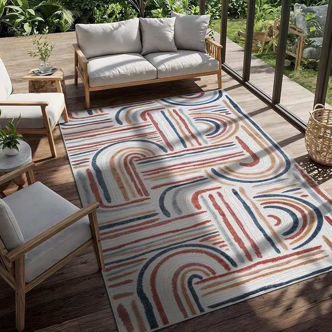 CAMILSON Indoor Outdoor Rug, Multicolor 10x14 Geometric Arch Striped Large Area Rugs for Patio and Home Areas, Easy-Cleaning Non-Shedding Living Room, Garden and Deck Washable Outside Carpet 10 x 14