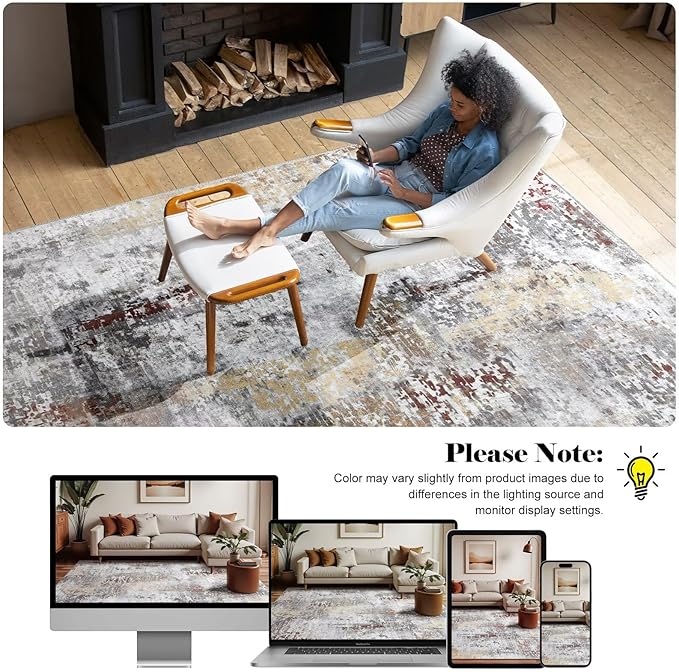 Washable Abstract Rug, 6x9 Modern Area Rugs with Non-Slip Rubber Backed for Living Room, Thin but Soft Contemporary Carpet Kitchen Bedroom Dining Room Decor, Rusty Brown