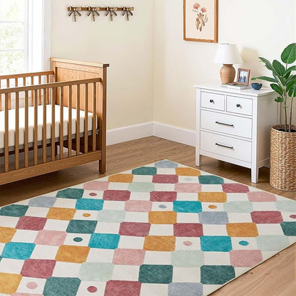 jinchan Macy Area Rug 5x7 Kids Washable Indoor Floor Cover Non-Slip Modern Soft Rug Elementary School Classroom Colorful Diamond Carpet for Nursery Playroom Daycare Living Room Confetti on Cream