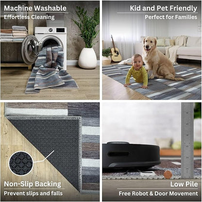 Bloom Rugs Washable Non-Slip 6' x 9' Rug - Blue/Brown Striped Area Rug for Living Room, Bedroom, Dining Room, and Kitchen - Exact Size: 6' x 9'