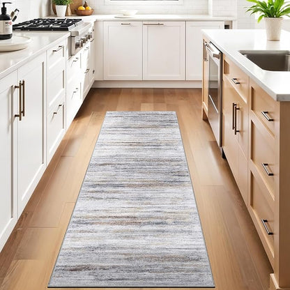 3x6 Washable Runner Rug for Family: Easy-to-Clean Runners for Hallway Entryway Kitchen Bedroom - Stain and Water Resistant Rugs with Non-Slip Backing - Soft Low-Pile Carpet Beige Grey