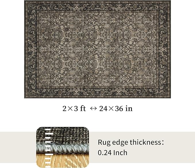 Small Rug 2x3 for Entryway: Boho Floral Door Mat Indoor Entrance Washable - Non-Slip Low Pile Thin Carpet Rugs for Kitchen Bathroom Front Door Laundry - Dark Brown