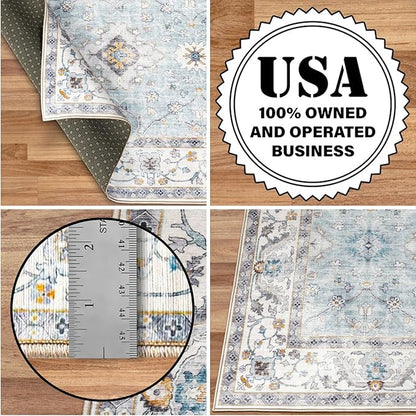 ReaLife Rugs Machine Washable Area Rug Runner - Living Room Bedroom Bathroom Kitchen Entryway Office - Padded Low Pile Stain Resistant Premium - Boho Farmhouse Vintage - BEV - Blue Ivory 3' x 5'