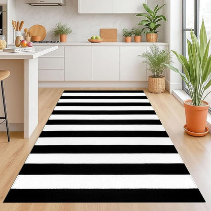KOZYFLY Black and White Striped Area Rug 4x6 Ft Outdoor Rug Washable Indoor Outdoor Rug Hand Woven Cotton Door Mat Outdoor Entrance Mat for Front Door Kitchen Entryway Patio Front Porch Decor