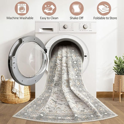 8x10 Area Rugs Living Room: Washable Boho Large Neutral Vintage Soft Rug Stain Resistant Distressed Farmhouse Non-Slip Indoor Floor Carpet for Bedroom Nursery Kids Office Dining Room- Taupe