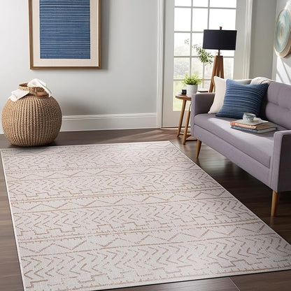 Beverly Rug Waikiki Indoor Outdoor Rug 5x7, Washable Outside Carpet for Patio, Deck, Porch, Trellis Area Rug, Water Resistant, Beige - White