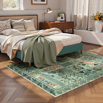 Floral Boho Washable 5x7 Area Rug for Living Room, Green Botanical Rug for Bedroom Dining Room Low Pile Non Slip, No Shed Large Carpet for Home Office Decor