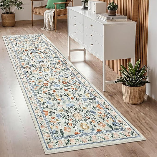 GarveeHome Washable Runner Rug 2.5 x 8 Non-Slip Non-Shedding Soft Vintage Bedside Low Pile Farmhouse Floral Carpet, Indoor Foldable Printed Entryway Rug for Hallway Kitchen, Green