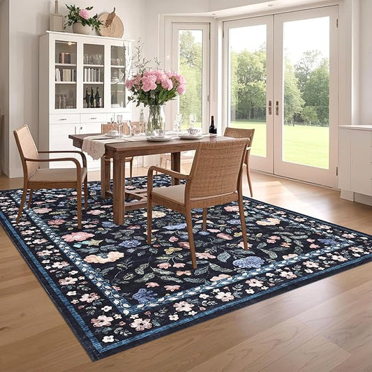 GarveeHome Washable Rug 6 x 9, Low Pile Farmhouse Floral Rug, Non-Shedding Indoor Foldable Printed Carpet Non-Slip Soft Vintage Throw for Bedroom Dining Room Kitchen, Dark Grey Blue