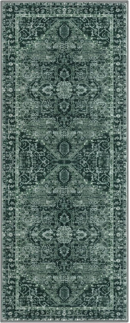KOZYFLY Boho Runner Rug 3x8 Ft Washable Hallway Rug Faux Wool Printed Long Floor Carpet for Entryway Bedroom Kitchen Living Room Indoor Soft Durable Design, Dark Green