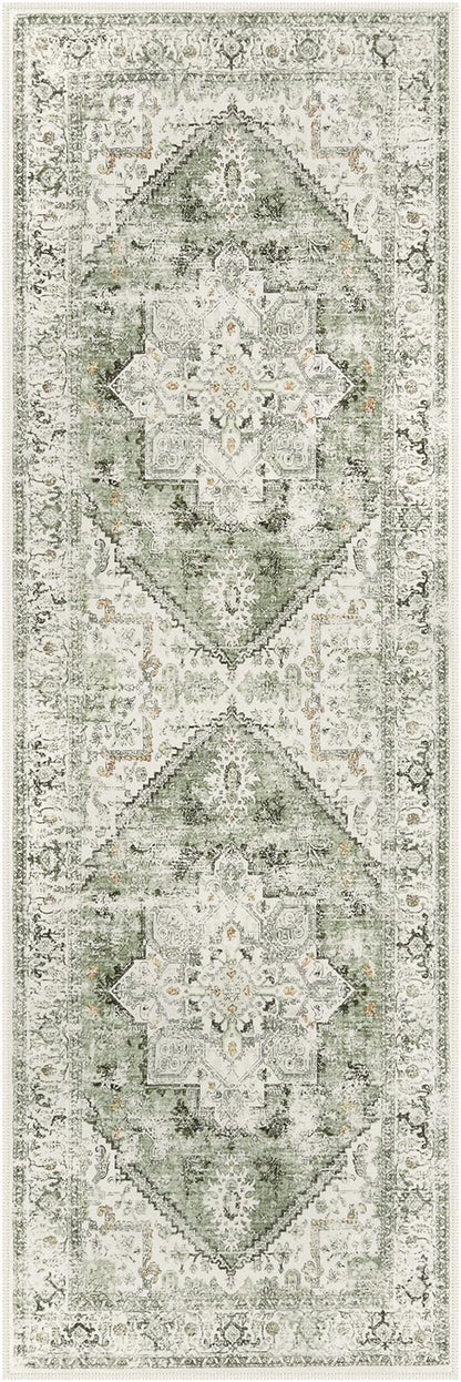 LIVEBOX Washable Runner 2x6 - Vintage Tribal Kitchen Rug, Long Entryway, Low-Pile for Bedroom, Non-Skid Soft Carpet Throw for Bathroom Laundry Room Hallway Sage