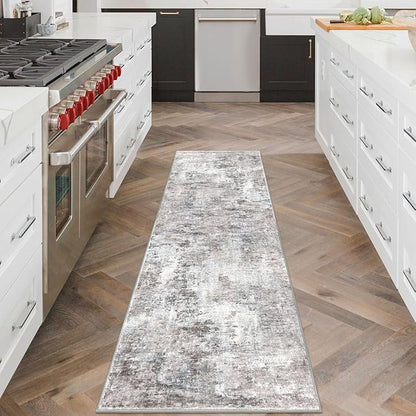 Abstract Runner Rug 2x6 Washable Runners for Hallways, Soft Kitchen Runner Rug Non-Slip, Beige Grey Thin Print Faux Wool Floor Carpet Rug Runner for Entryway Hall Bedroom Laundry Room Indoor