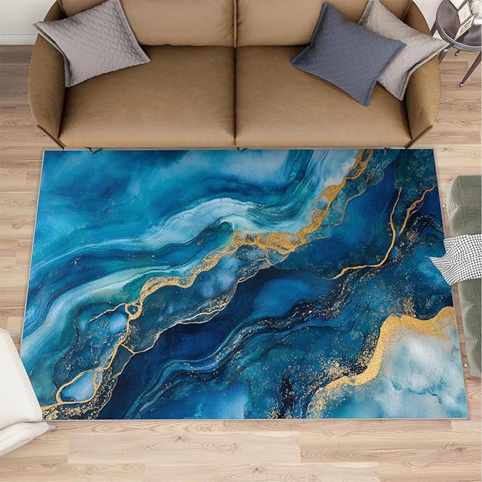 Blue Gold Marble Rugs for Bedroom - 3x5 Area Rug - Modern Fashion Marble Rugs for Living Room, European Light Luxury Art Rug, Washable Home Decor Carpet