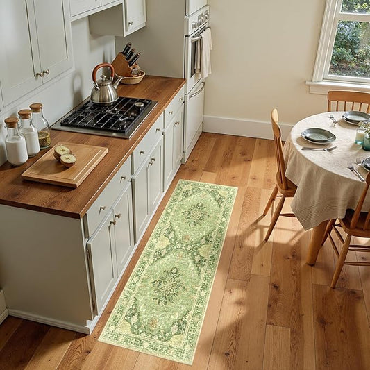 Area Rugs 2'x5' Washable Non-Slip, Floral Vintage Distress Print Pattern Medallion Carpet for Living Room Bedroom Dining Room, Sage Green Yellow