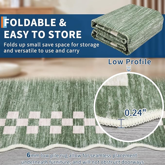 GarveeHome Hallway Runner Rug 2x6 Non Slip Scalloped Washable Rug for Kitchen Entry Stain Resistant Modern Border Throw Floor Carpet Long Runner Mat for Bathroom Living Room Bedside, Green