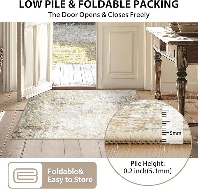 Washable Area Rugs 2'x6' Non-Slip Modern Abstract Soft for Living Room Entryway Bedroom Nursery, Print Pattern, Neutral Brown Gray