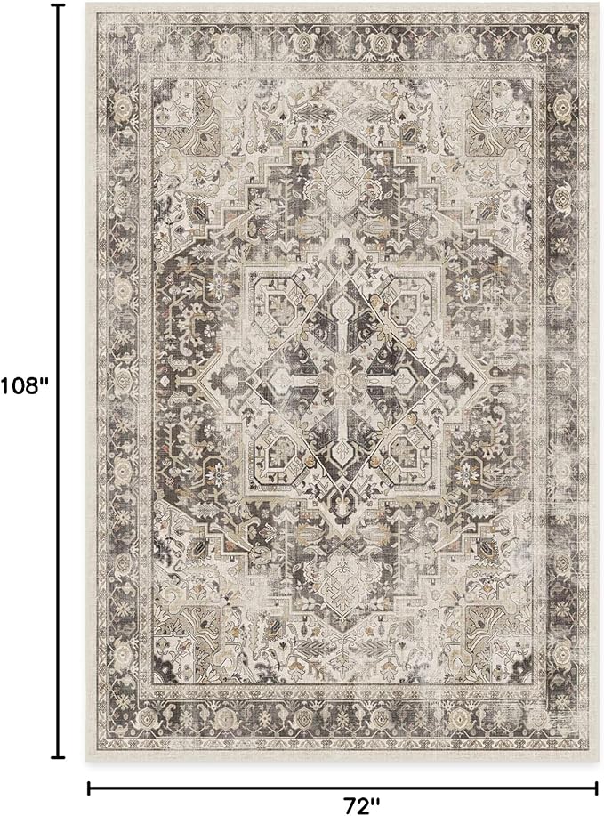 RUGGABLE Washable Vintage Area Rug – Kamran Hazel 6x9, Stain-Resistant, Non-Slip – Medium Machine Washable Rugs for Living Room, Bedroom, Hallway, Entryway & Office–with Cushioned Pad