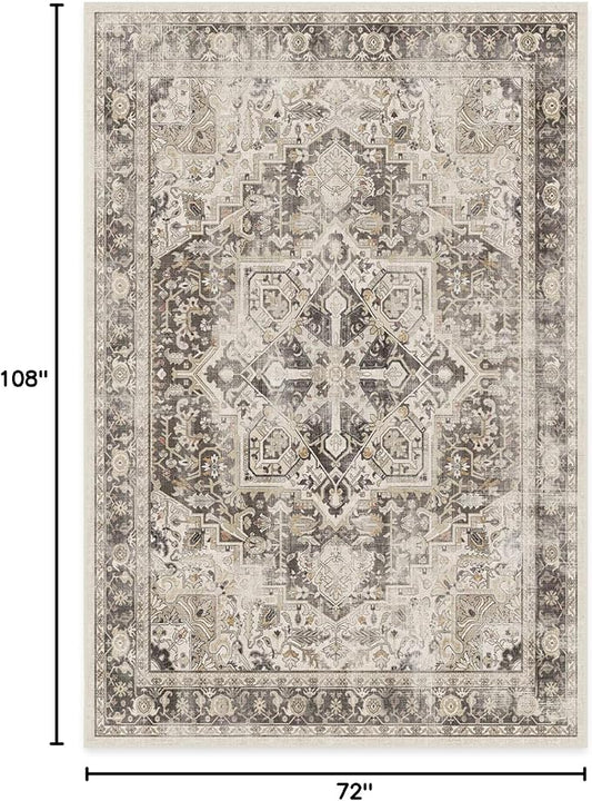 RUGGABLE Washable Vintage Area Rug – Kamran Hazel 6x9, Stain-Resistant, Non-Slip – Medium Machine Washable Rugs for Living Room, Bedroom, Hallway, Entryway & Office–with Cushioned Pad