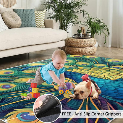 Peacock Rug 3x5-3x5 Rug, Wonderful Peacock Area Rugs for Bedroom, Teal Turquoise Rugs for Living Room, Modern Style Washable Mat, Malachite Green Feather Carpet - Peafowl Home Decor & Gifts