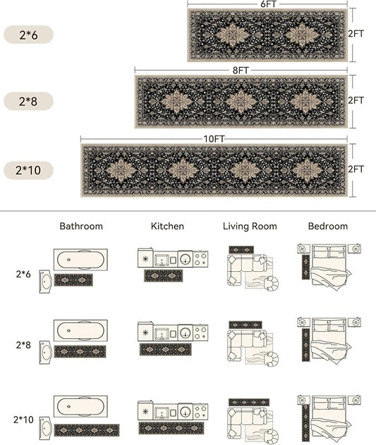 Area Rugs 2'x8' Washable Non-Slip, Floral Vintage Distress Print Pattern Medallion Carpet for Living Room Bedroom Dining Room, Black Brown Neutral Dark Tan