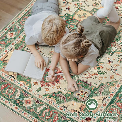 Area Rug 9x12 Washable Rug, Vintage Boho Medallion Rugs Non-Slip Soft Low Pile Large Distressed Rug Indoor Retro Carpet for Living Room Bedroom Dining Room Home Office (Green Beige, 9'x12')