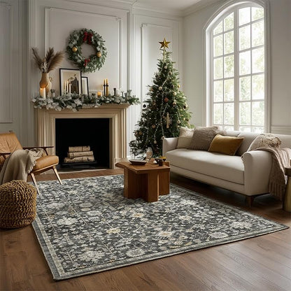 Washable Area Rugs 5'x7' Non-Slip Vintage Boho Distressed Fade Resistant Low Pile Carpet for High-Traffic Living Room, Bedroom & Dining Room