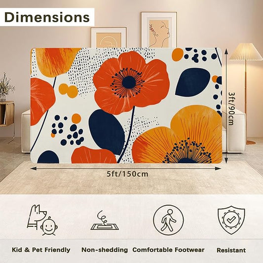Boho Orange Flowers Autumn Carpet for Living Room, 3x5 Non-Slip Washable Low Pile Abstract Design Rug, Space Saving Area Rug for Bedroom, Dining Room