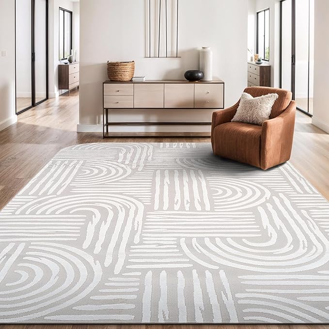 Beverly Rug Modern Geometric Area Rug 6x9 Low-High Pile Durable Soft Abstract Curved Indoor Rugs for Living Dining Room Office Stain Resistant Non Shedding Casual Indoor Carpet Beige White 6 x 9