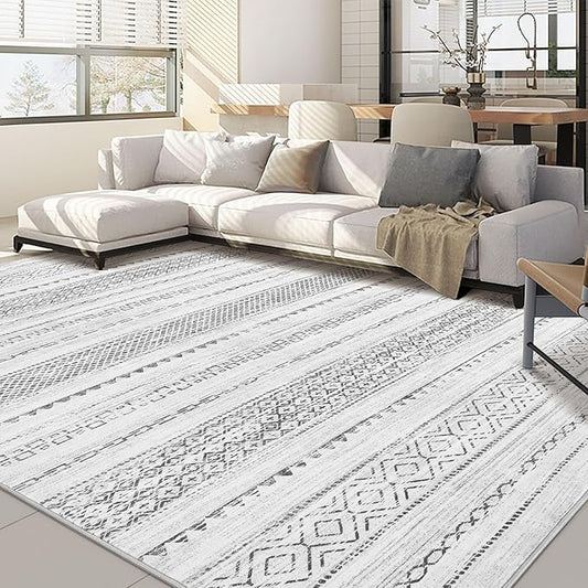 Nakagishi 7x9 Area Rug Living Room: Washable Boho Large Neutral Modern Soft Farmhouse Rugs Stain Resistant Indoor Floor Non-Slip Carpet for Bedroom Nursery Kids Playroom Office Dining Room- Gray
