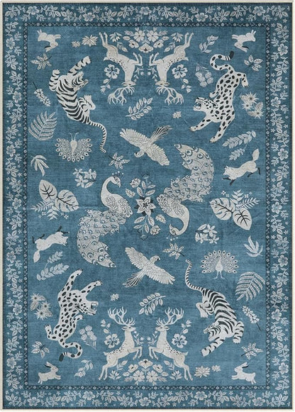 Moynesa Animal Area Rugs 5x7, Washable Luxurious Vintage Boho Blue Area Rug for Bedroom Living Room Dining Room Office Playroom, Farmhouse Low Pile Soft Non-Slip Carpets for Indoor